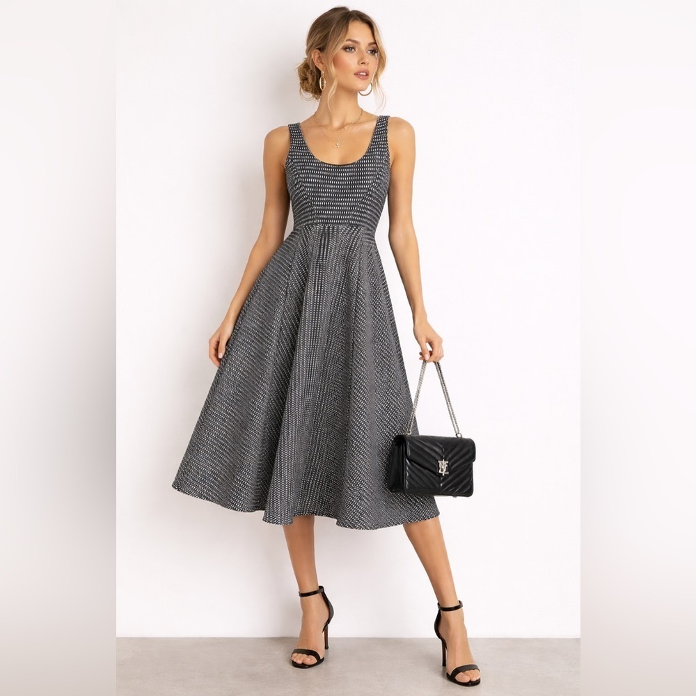 Milly Textured Fit Flare Midi Dress Lattice Mesh Black White Structured Size 12